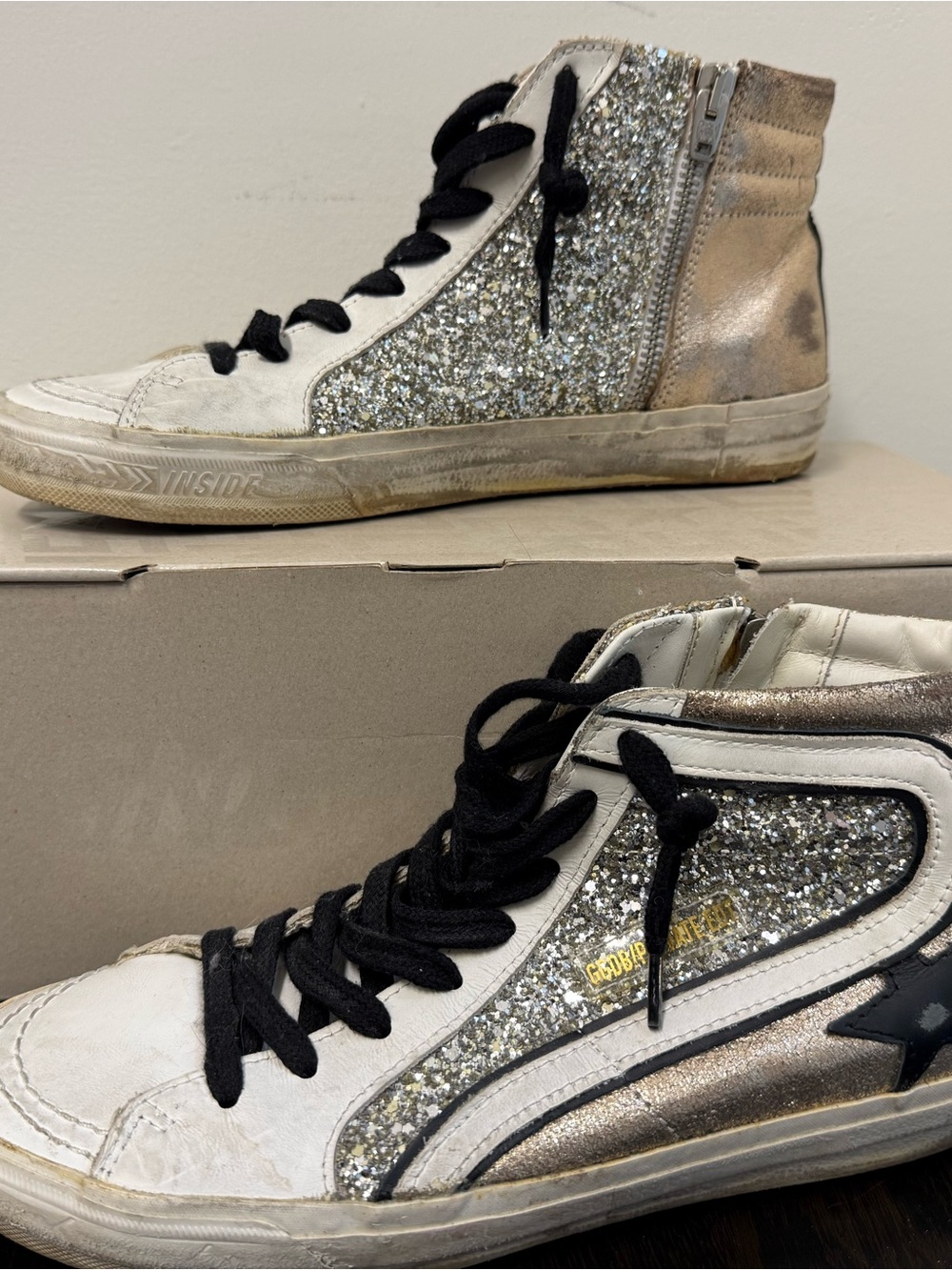Golden Goose Women's White, Silver Glitter & Black Lace High-Top Sneakers